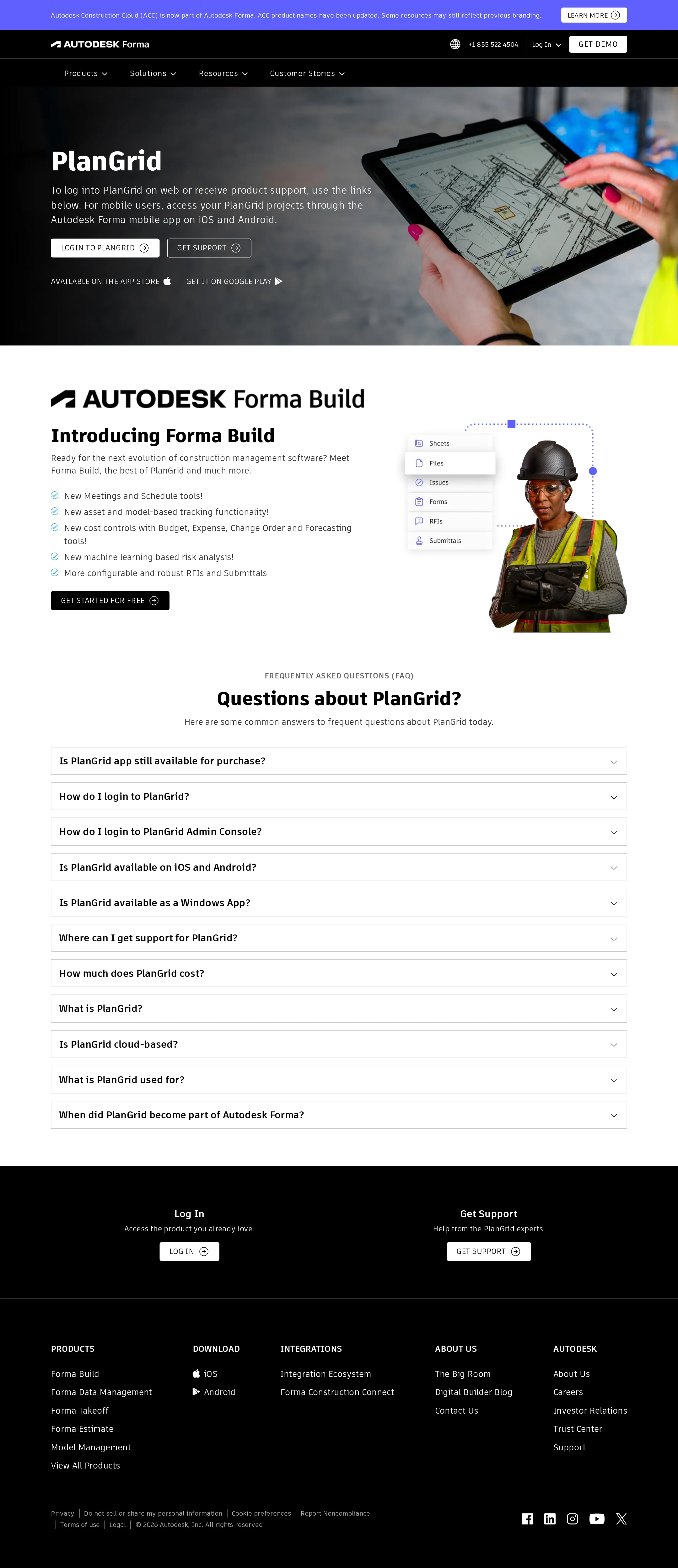 Full desktop screenshot of PlanGrid | Autodesk Forma