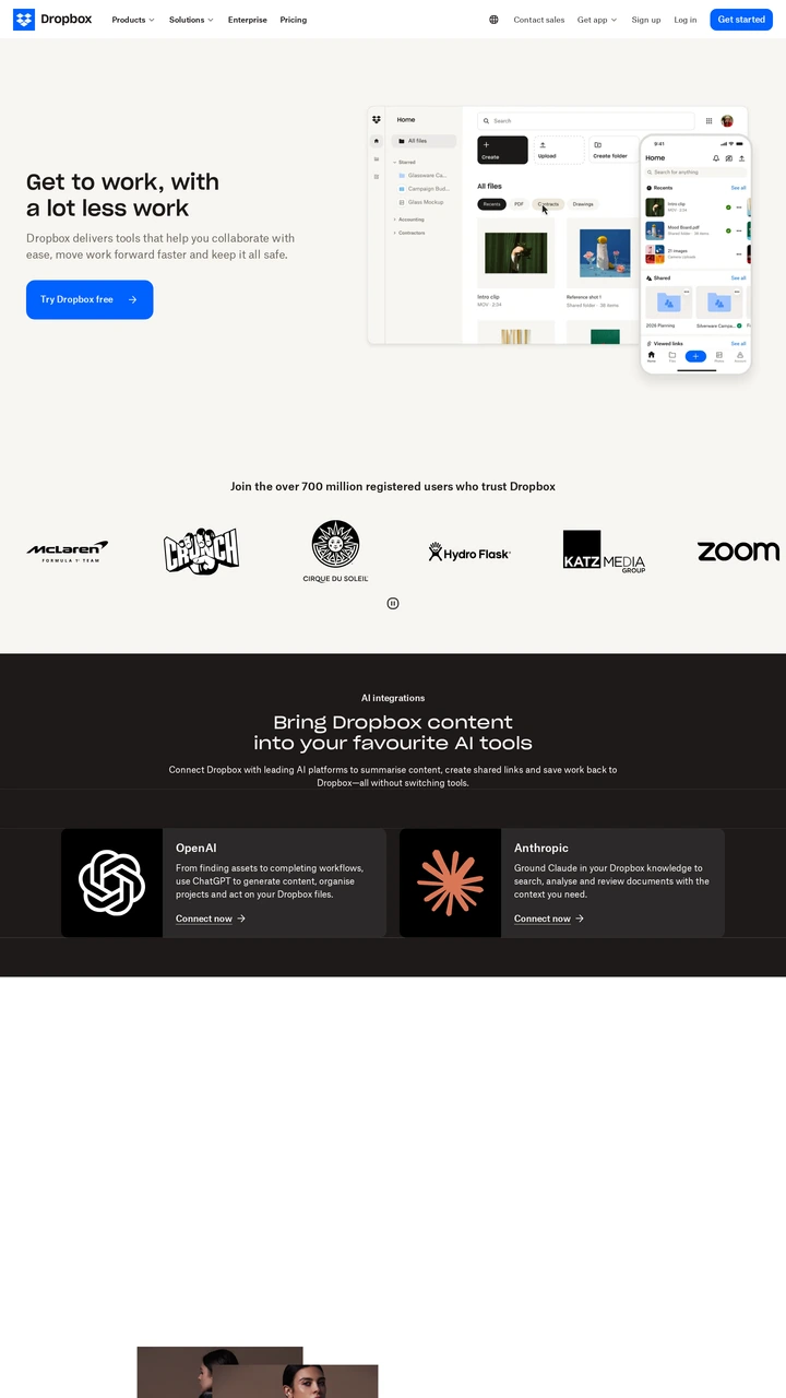 Screenshot of Dropbox Homepage