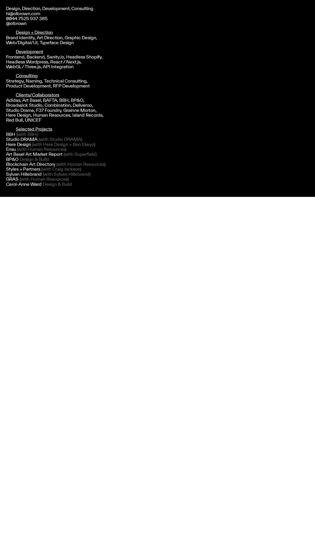 Screenshot of Oliver Brown — Design, Direction, Programming, Consulting