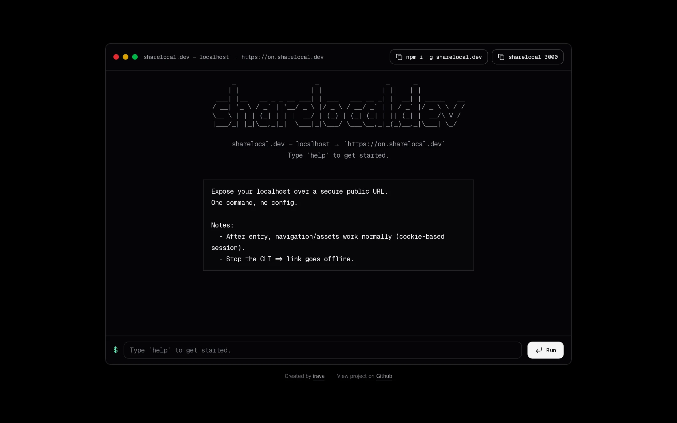 Full desktop screenshot of sharelocal.dev